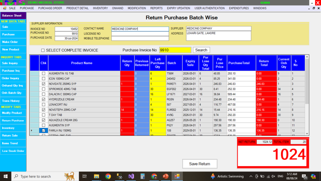 RETURN PURCHASE BATCH WISE