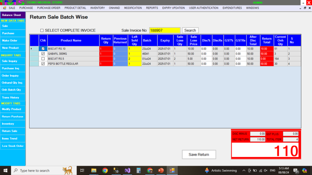 RETURN SALE BATCH WISE