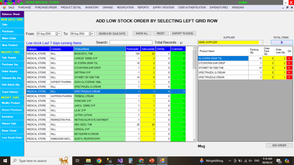 ADD LOW STOCK ORDER BY SELECTING LEFT GRID ROW